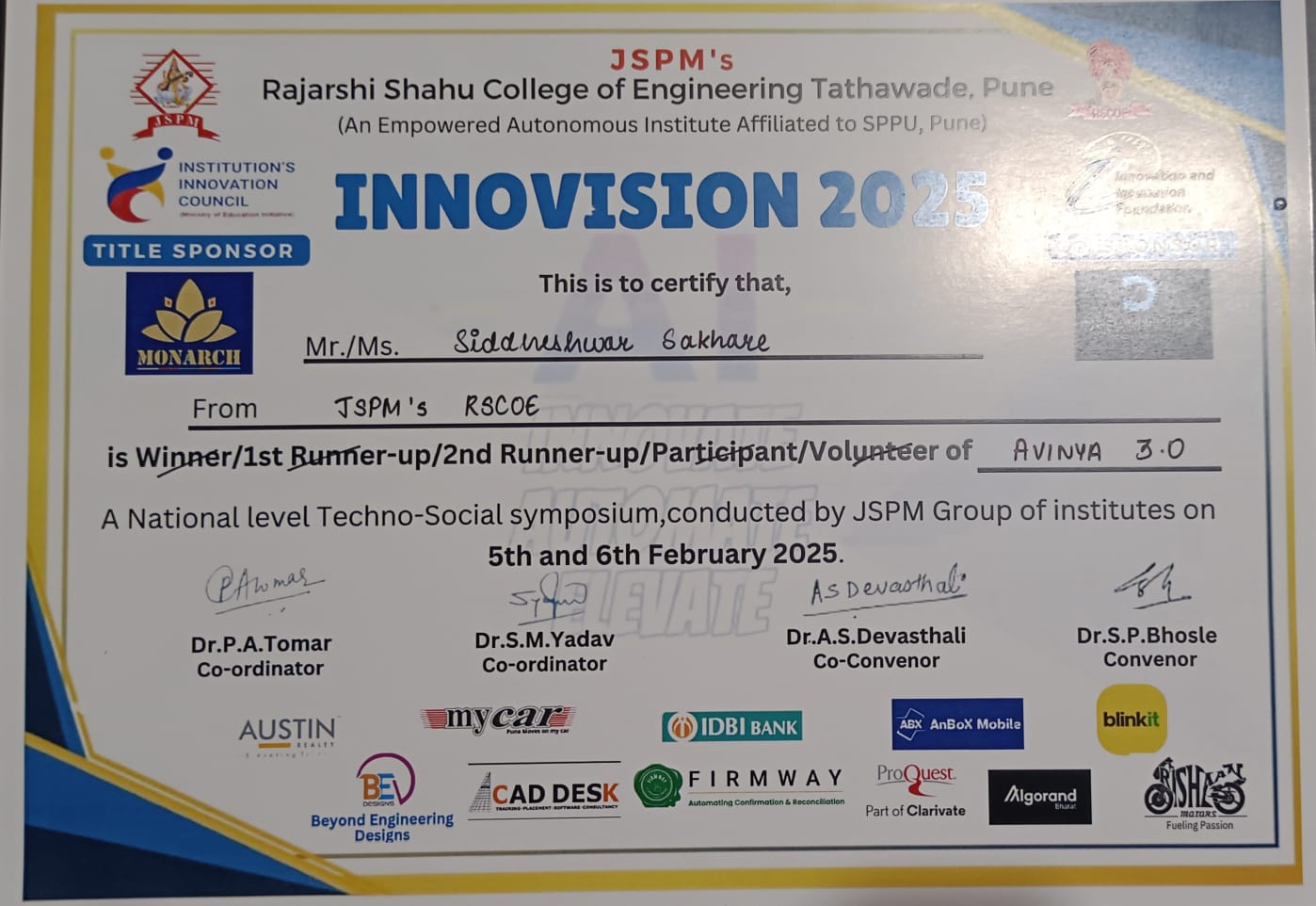 Avinya Hackathon JSPM 2nd Runner-Up