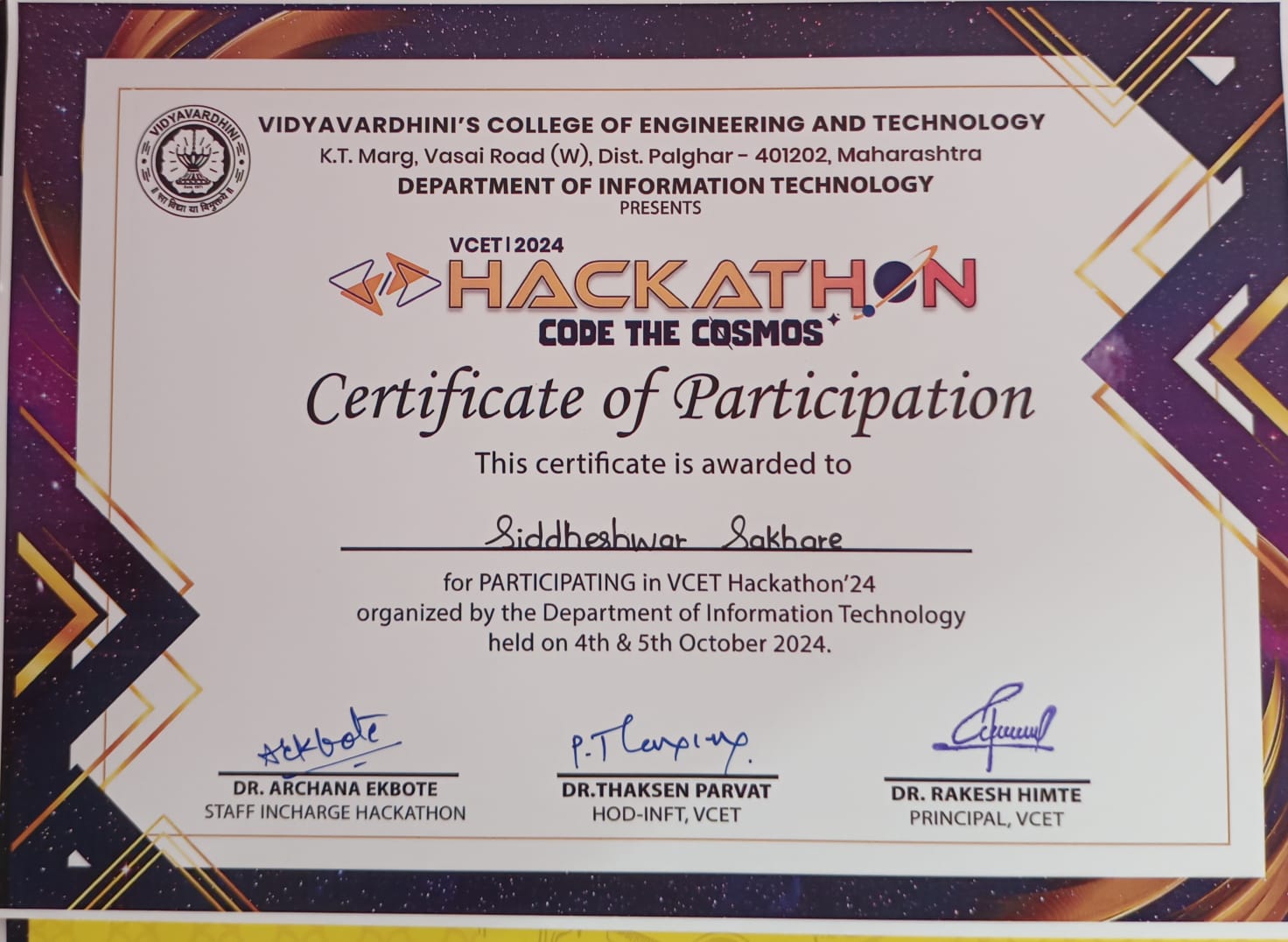 VCET Hackathon Participation